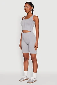 Womens Seamless Textured Knit Tank Top and Biker Shorts, Grey, Size S