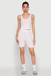 Womens Seamless Textured Knit Tank Top and Biker Shorts, Pink,