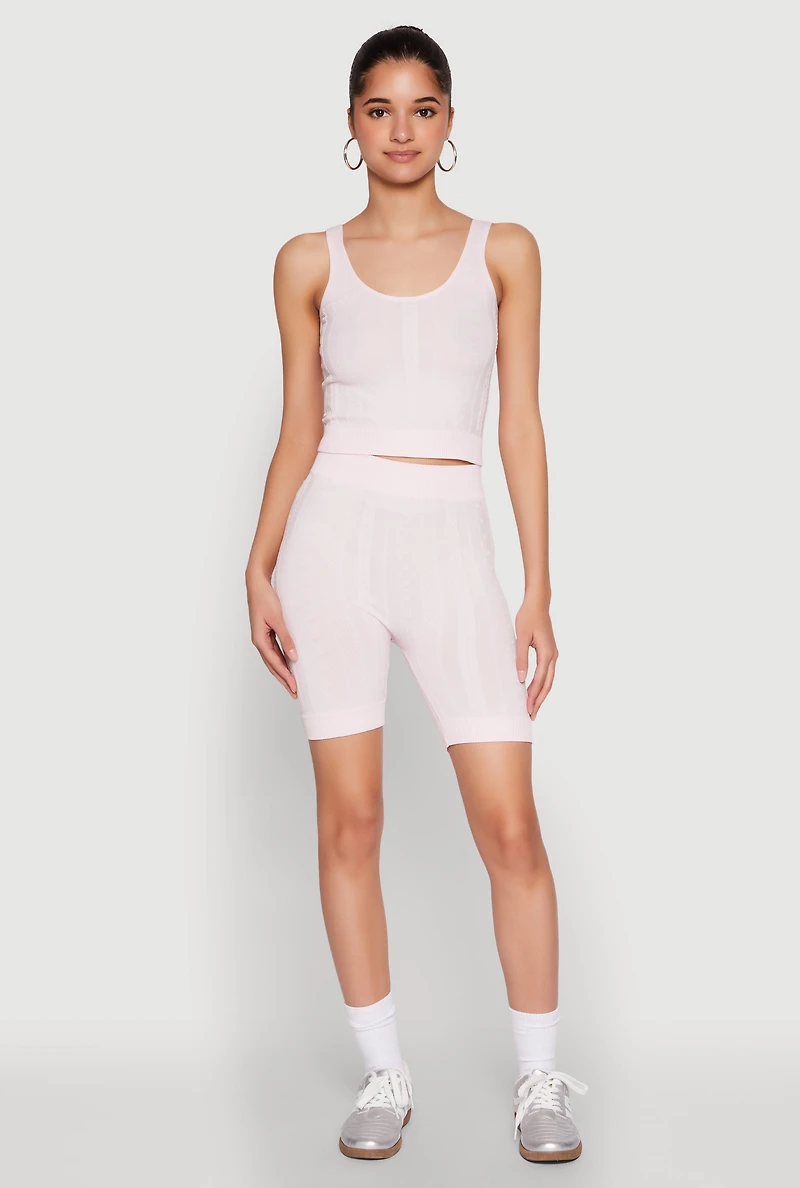 Womens Seamless Textured Knit Tank Top and Biker Shorts, Pink, Size M