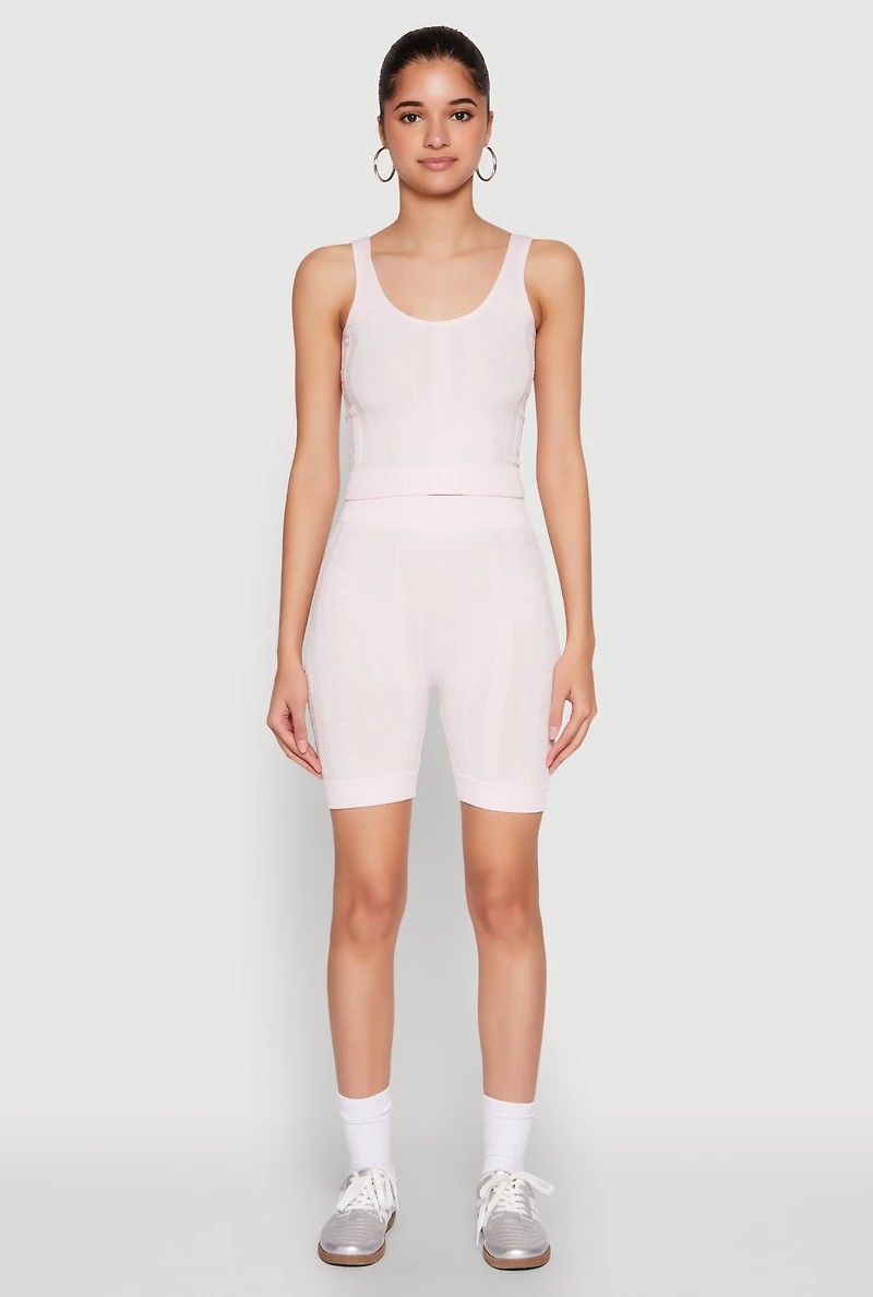 Womens Seamless Textured Knit Tank Top and Biker Shorts, Pink, Size M