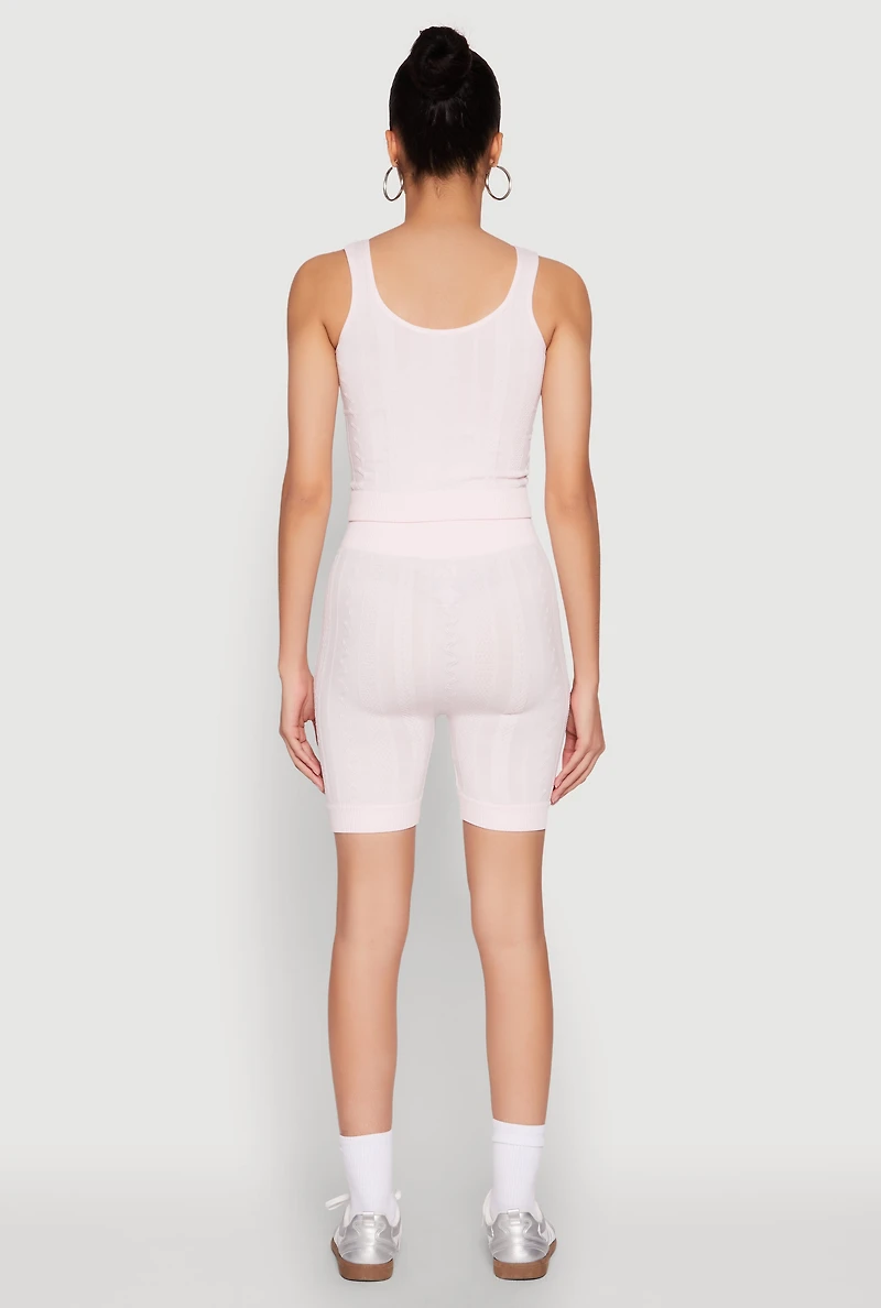 Womens Seamless Textured Knit Tank Top and Biker Shorts, Pink,