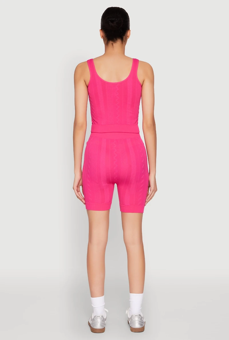 Womens Seamless Textured Knit Tank Top and Biker Shorts, Pink,