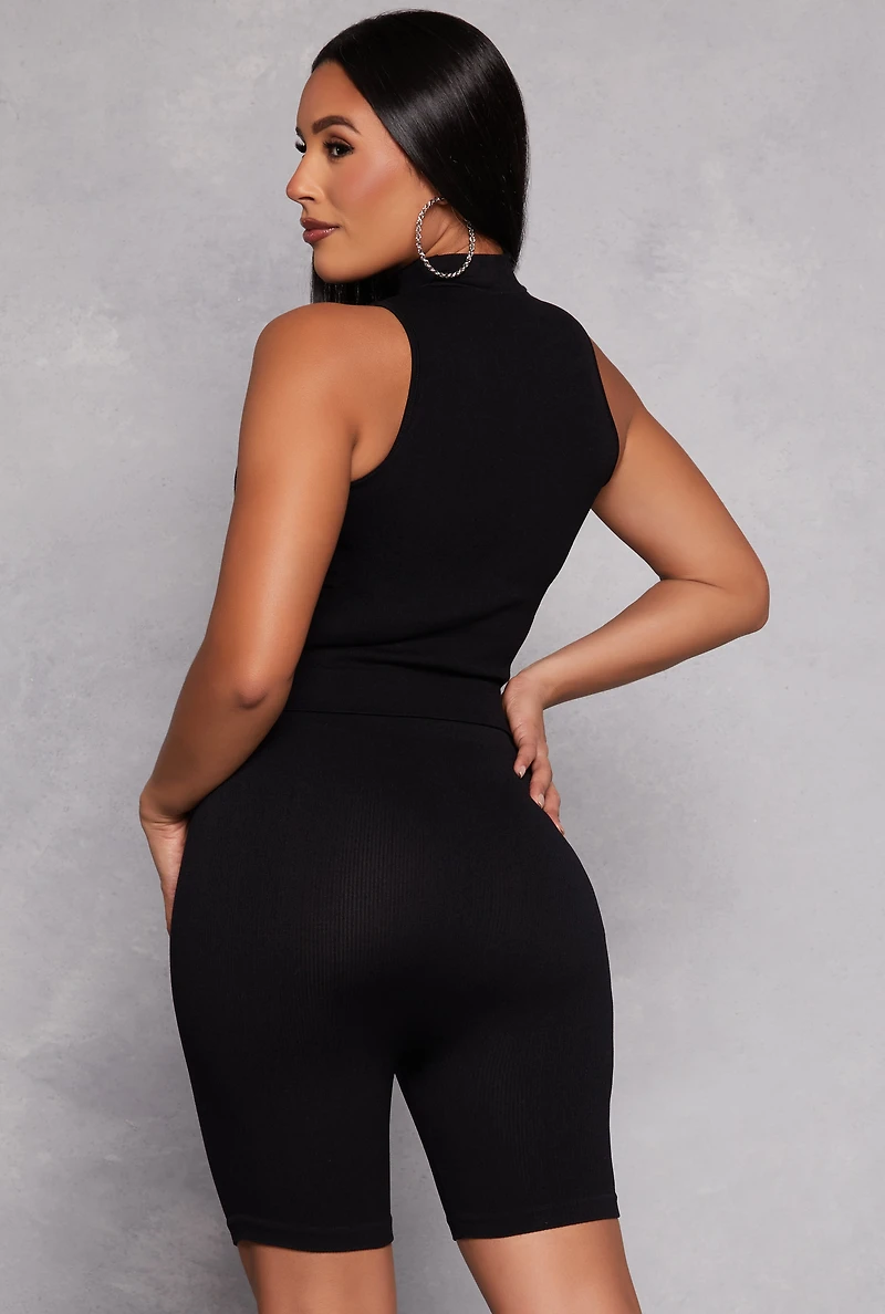 Rib Knit Mock Neck Tank Top and Biker Shorts