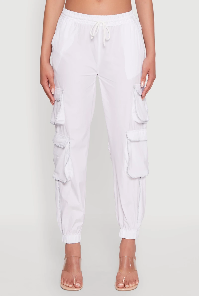 Womens Reflective Trim Cargo Pocket Joggers, White, Size L