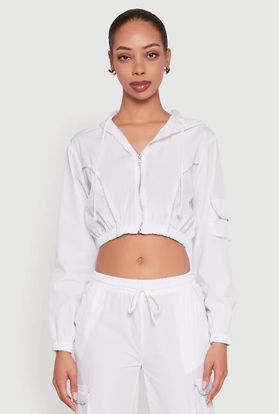 Womens Reflective Trim Cropped Windbreaker, White, Size M