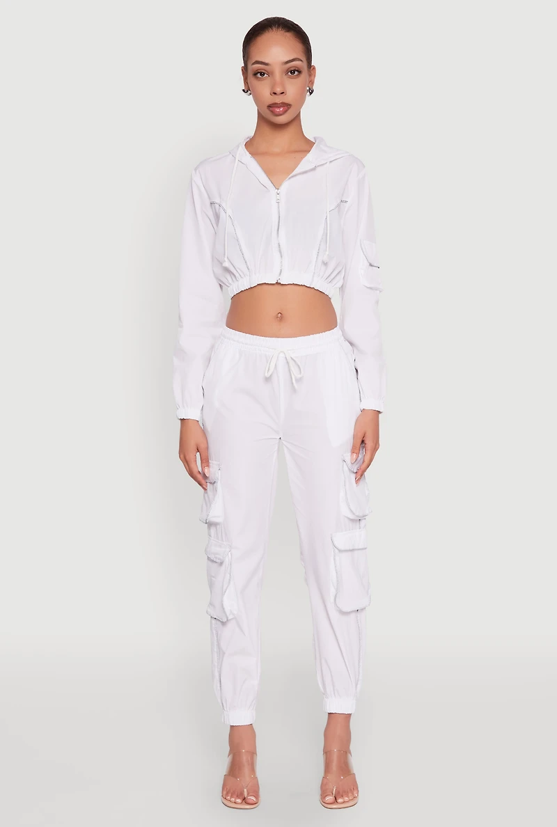 Womens Reflective Trim Cropped Windbreaker, White, Size M