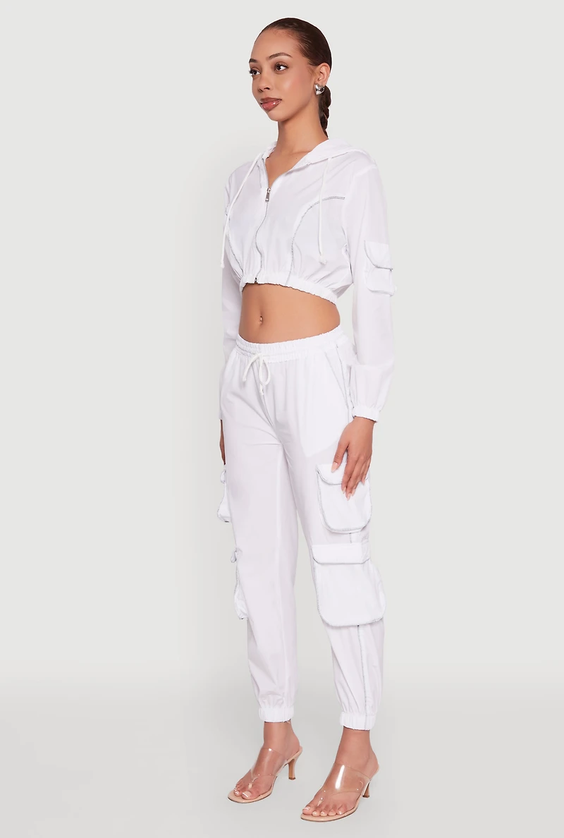 Womens Reflective Trim Cropped Windbreaker, White, Size M
