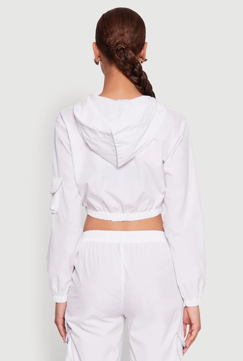 Womens Reflective Trim Cropped Windbreaker, White, Size M