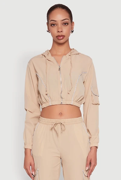 Womens Reflective Trim Cropped Windbreaker, Beige, Size S