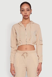 Womens Reflective Trim Cropped Windbreaker, Beige, Size S