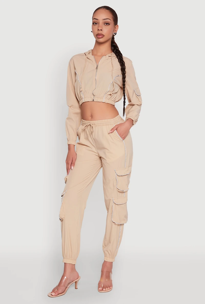 Womens Reflective Trim Cropped Windbreaker, Beige, Size S