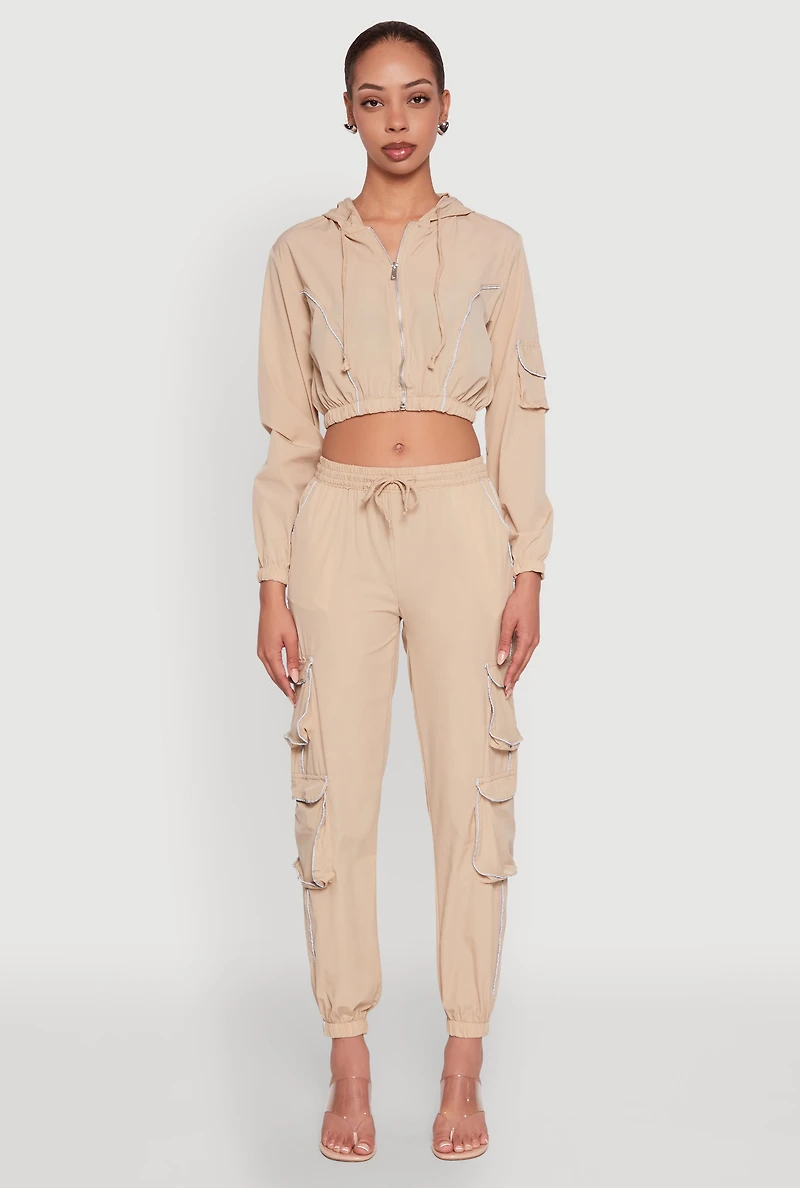 Womens Reflective Trim Cropped Windbreaker, Beige, Size S