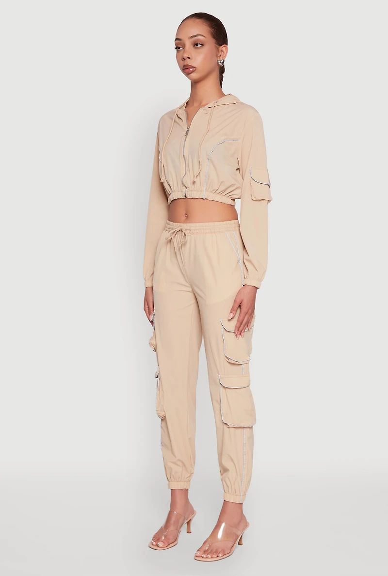 Womens Reflective Trim Cropped Windbreaker, Beige, Size S