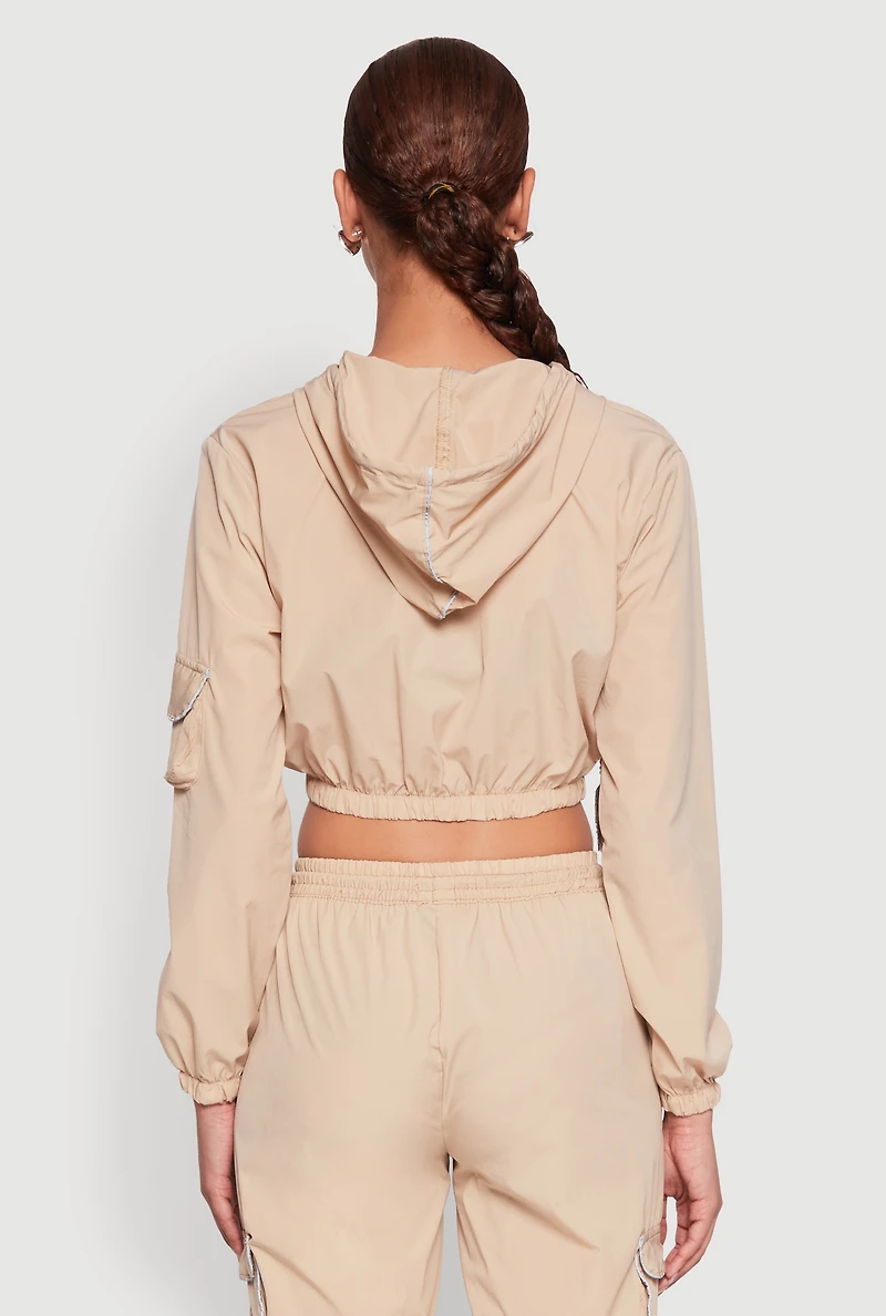 Womens Reflective Trim Cropped Windbreaker, Beige, Size S