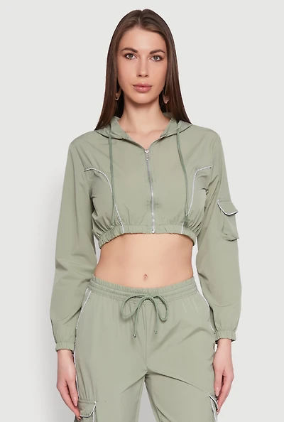 Womens Reflective Trim Cropped Windbreaker, Green, Size M