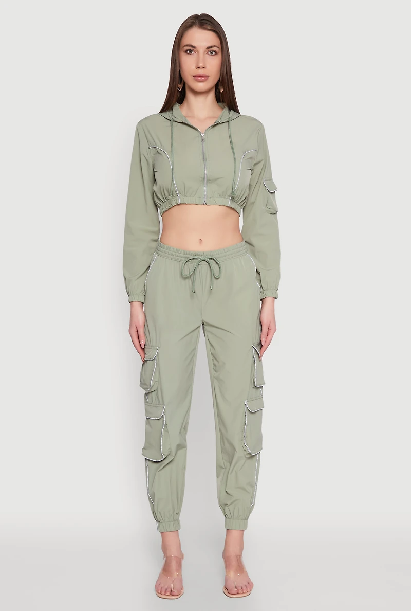 Womens Reflective Trim Cropped Windbreaker, Green, Size M