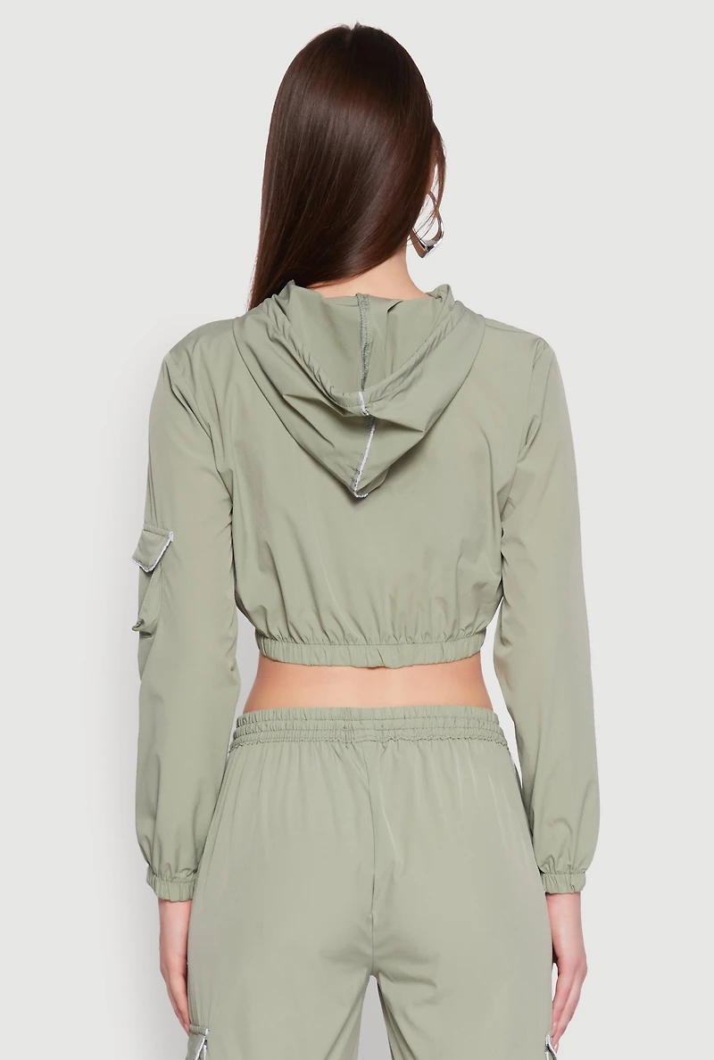 Womens Reflective Trim Cropped Windbreaker, Green, Size S