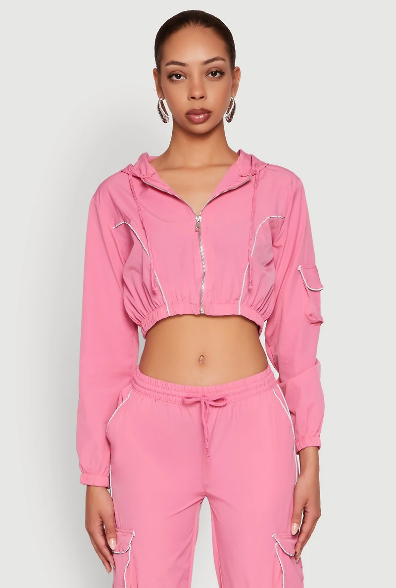 Womens Reflective Trim Cropped Windbreaker, Pink, Size M