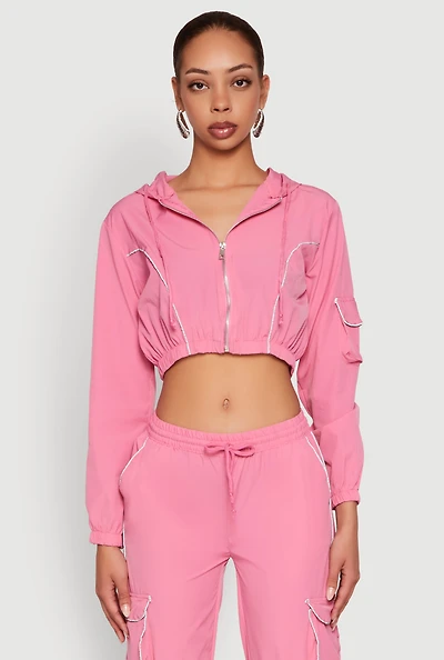 Womens Reflective Trim Cropped Windbreaker, Pink, Size M