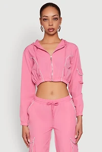 Womens Reflective Trim Cropped Windbreaker, Pink, Size M