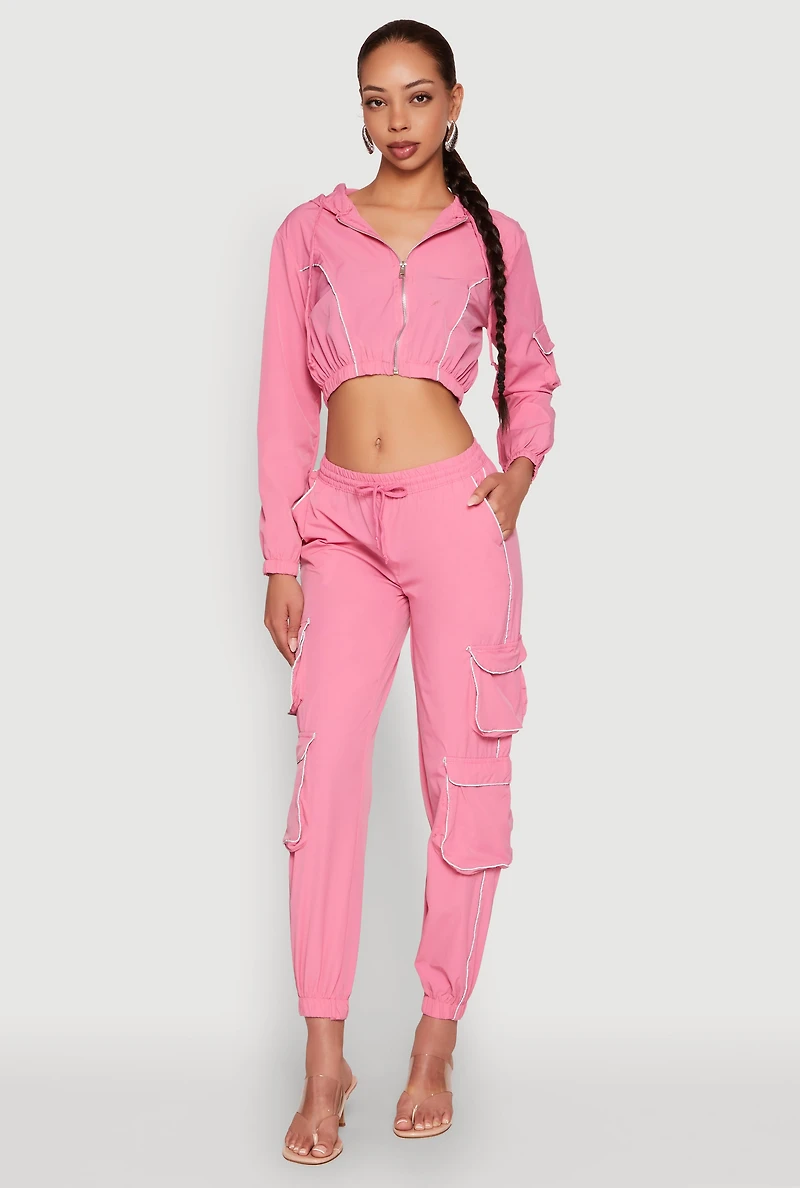 Womens Reflective Trim Cropped Windbreaker, Pink, Size M