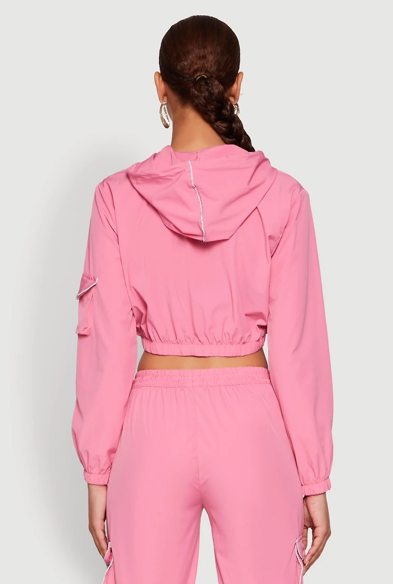 Womens Reflective Trim Cropped Windbreaker, Pink, Size M