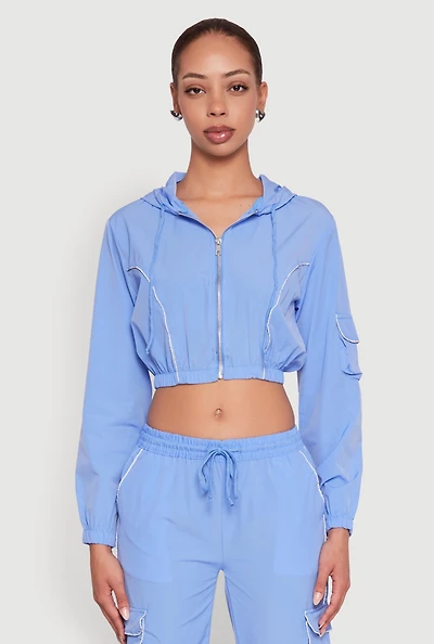 Womens Reflective Trim Cropped Windbreaker, Blue, Size M
