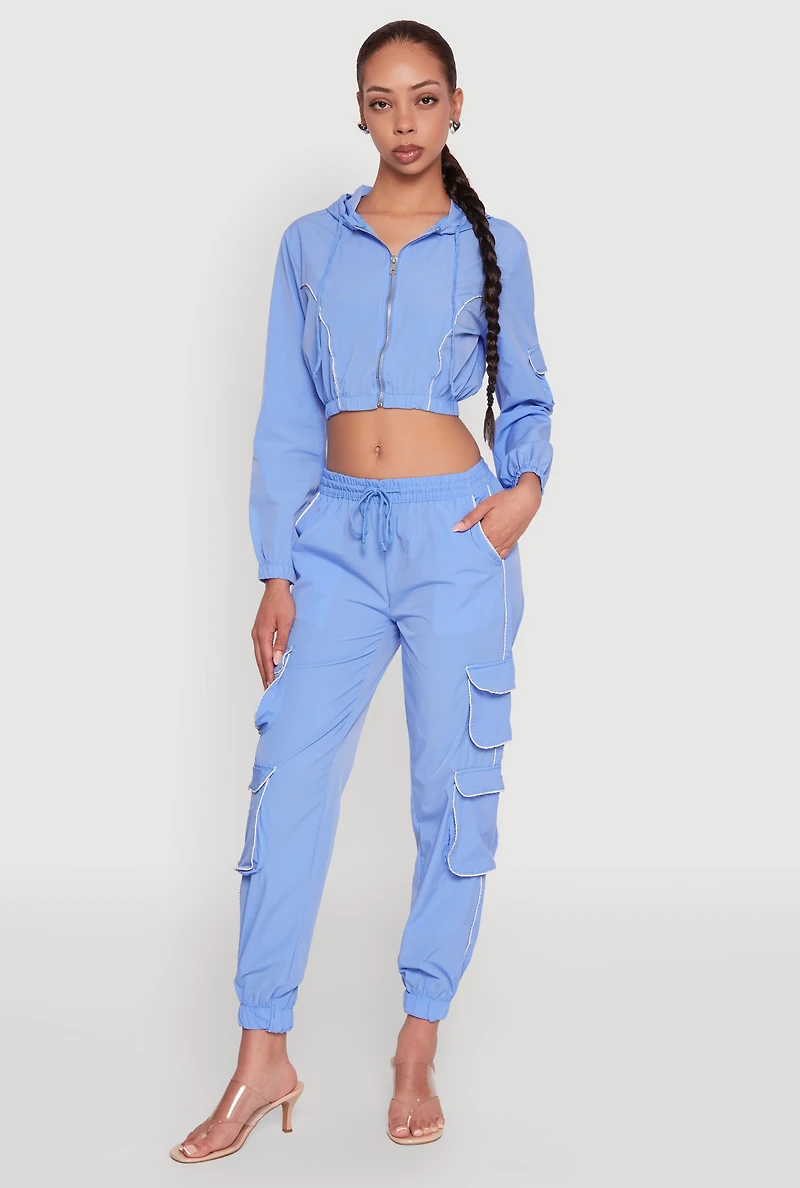 Womens Reflective Trim Cropped Windbreaker, Blue, Size M