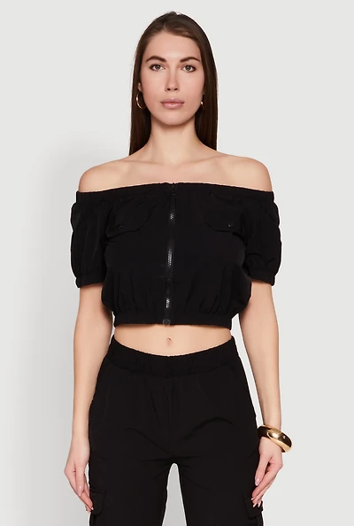 Womens Zip Front Bubble Sleeve Crop Top, Black, Size S