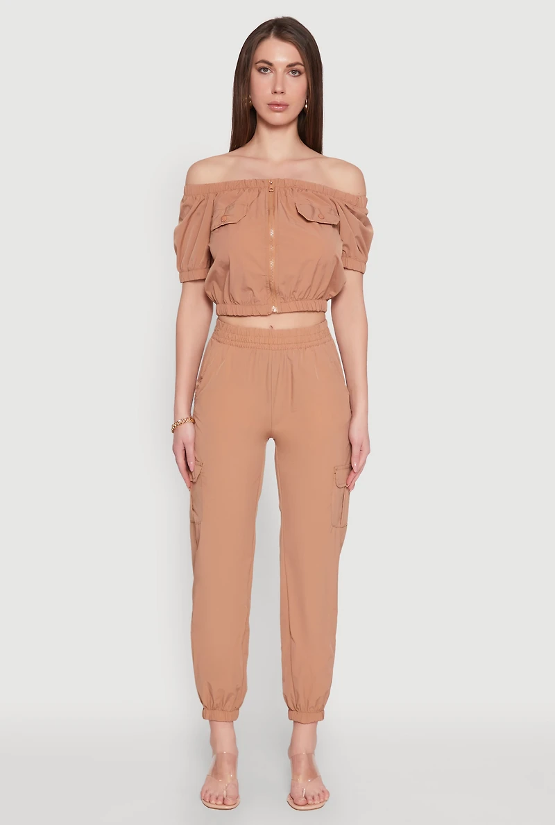 Zip Front Bubble Sleeve Crop Top