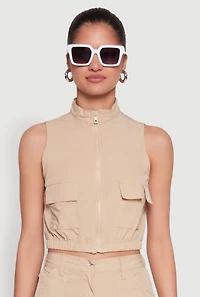 Womens Cargo Pocket Zip Front Windbreaker Vest, Beige, Size S