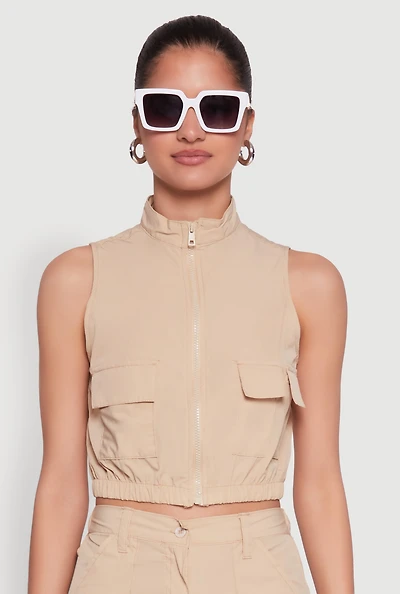 Womens Cargo Pocket Zip Front Windbreaker Vest,