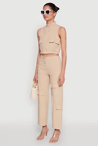 Womens Cargo Pocket Zip Front Windbreaker Vest, Beige, Size S