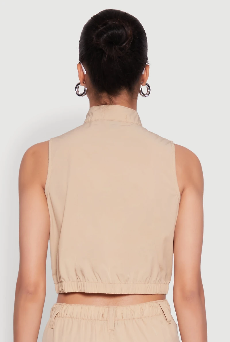 Womens Cargo Pocket Zip Front Windbreaker Vest, Beige, Size S
