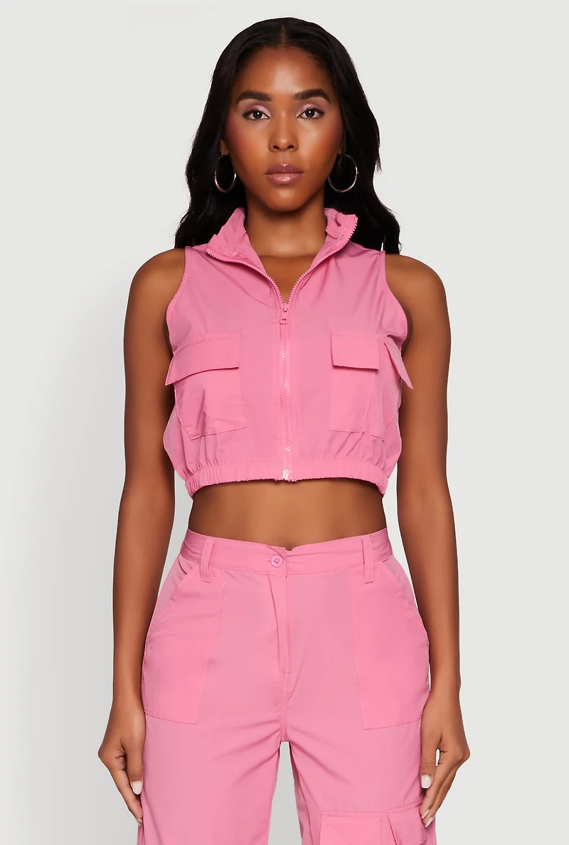 Womens Cargo Pocket Zip Front Windbreaker Vest, Pink, Size L