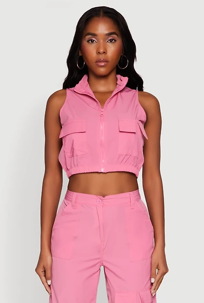 Womens Cargo Pocket Zip Front Windbreaker Vest, Pink, Size L