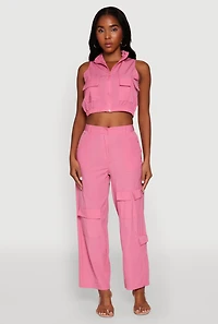 Womens Cargo Pocket Zip Front Windbreaker Vest, Pink, Size L