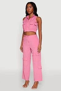 Womens Cargo Pocket Zip Front Windbreaker Vest, Pink, Size L