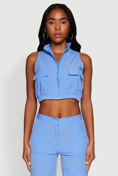 Womens Cargo Pocket Zip Front Windbreaker Vest,