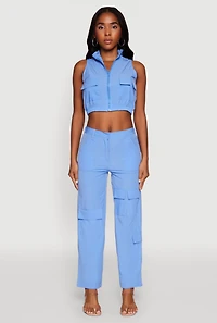 Womens Cargo Pocket Zip Front Windbreaker Vest, Blue, Size XL