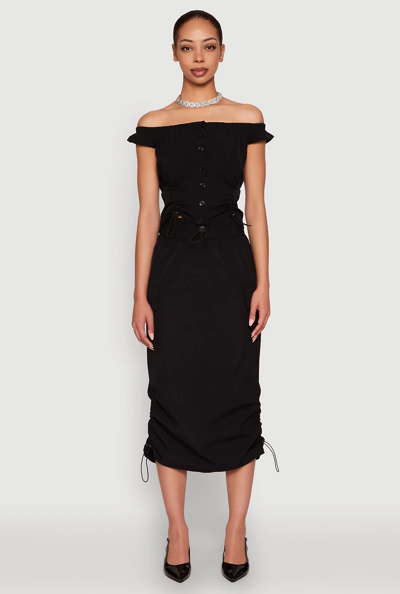 Womens Toggle Drawstring Off The Shoulder Crop Top, Black, Size M