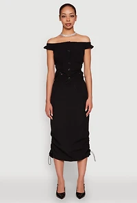 Womens Toggle Drawstring Off The Shoulder Crop Top, Black, Size M