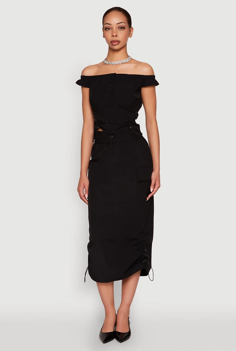 Womens Toggle Drawstring Off The Shoulder Crop Top, Black, Size M