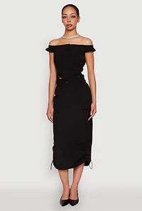 Womens Toggle Drawstring Off The Shoulder Crop Top, Black, Size M