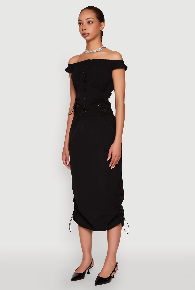 Womens Toggle Drawstring Off The Shoulder Crop Top,