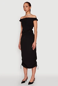 Womens Toggle Drawstring Off The Shoulder Crop Top,