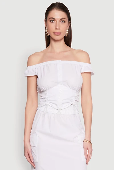 Womens Toggle Drawstring Off The Shoulder Crop Top, White, Size L