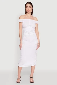 Womens Toggle Drawstring Off The Shoulder Crop Top, White, Size L