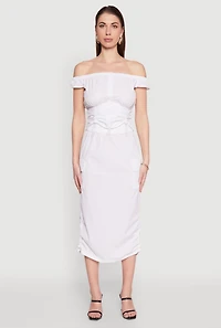 Womens Toggle Drawstring Off The Shoulder Crop Top, White, Size L
