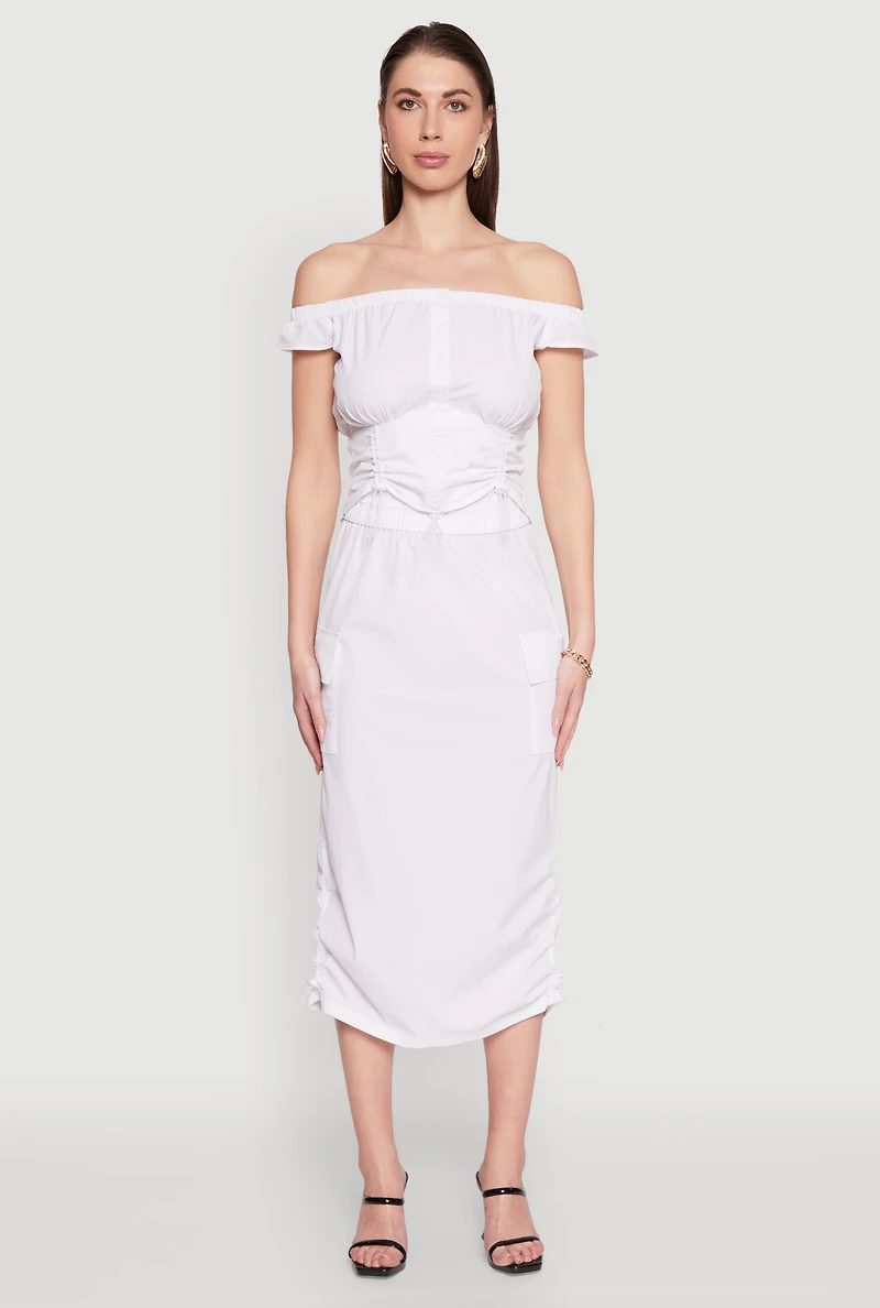 Womens Toggle Drawstring Off The Shoulder Crop Top, White, Size M
